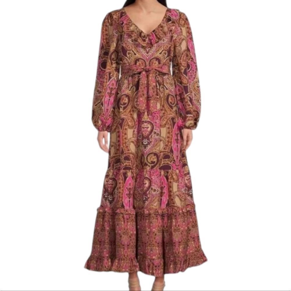 A Loves A Linen Rayon Pink Tan Burgundy Paisley Printed Long Sleeve Maxi Dress